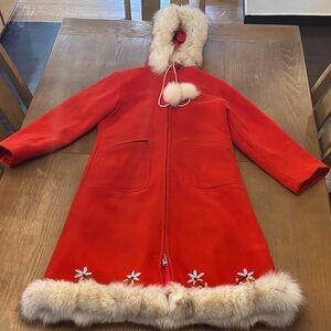 Handmade Inuit parka Elegant Red Fur-Trimmed Pea Coat wool